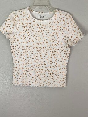 SO White Ribbed Short Sleeve Tee with Tan Floral Ditsy Print